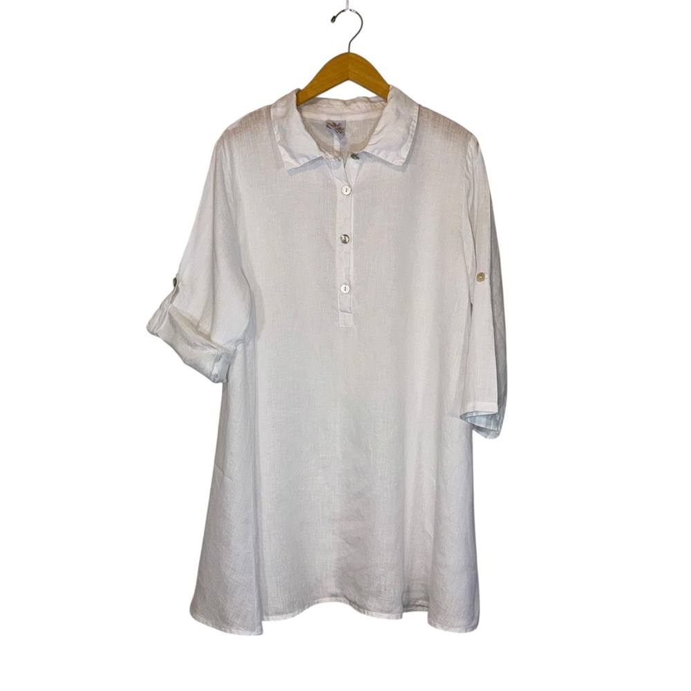 MATCH POINT Linen Tunic Top Lagenlook White Button Blouse Women’s Size Medium